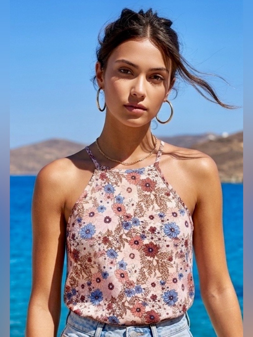 NWOT Woman’s Floral Halter Neck Sleeveless Top - Pink & Blue Size S